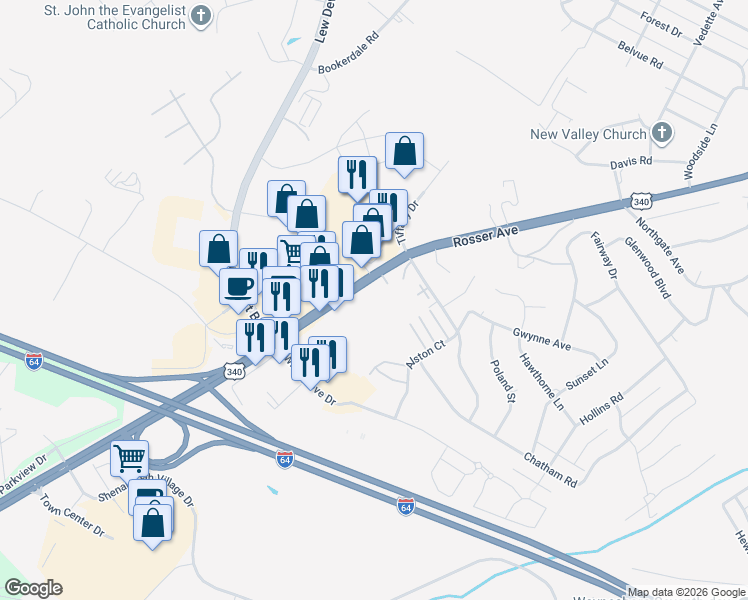 map of restaurants, bars, coffee shops, grocery stores, and more near 1750 Rosser Avenue in Waynesboro