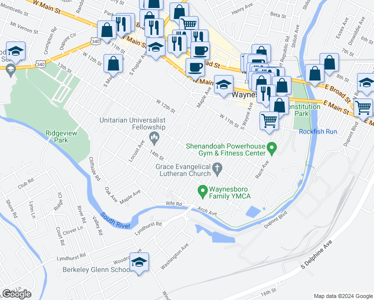 map of restaurants, bars, coffee shops, grocery stores, and more near 501 Walnut Avenue in Waynesboro