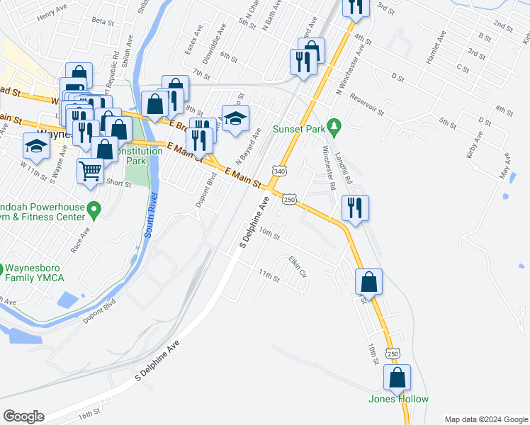 map of restaurants, bars, coffee shops, grocery stores, and more near 152 South Delphine Avenue in Waynesboro