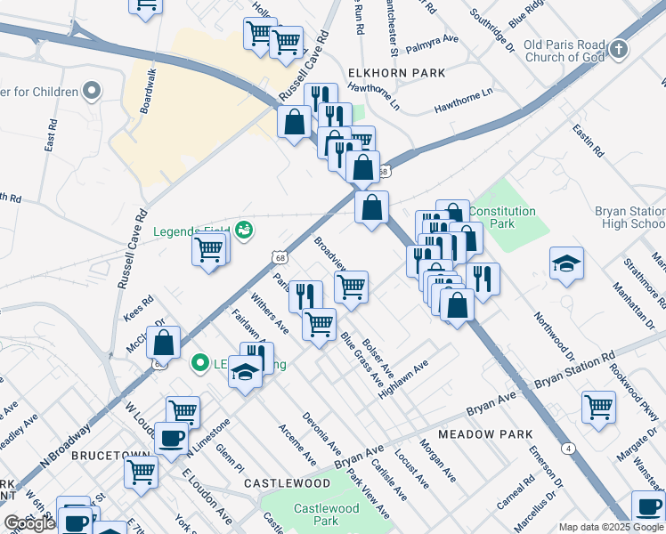 map of restaurants, bars, coffee shops, grocery stores, and more near 234 Broadview Drive in Lexington