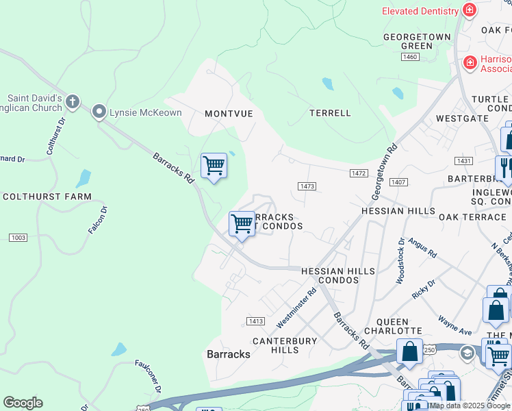 map of restaurants, bars, coffee shops, grocery stores, and more near 265 Saponi Lane in Charlottesville