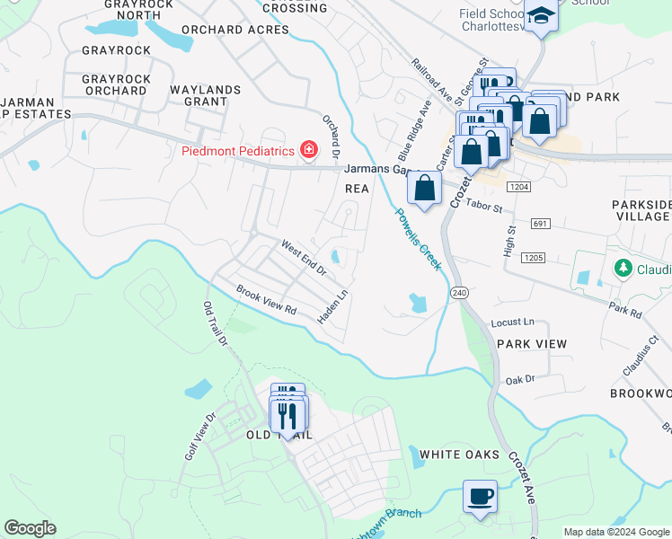 map of restaurants, bars, coffee shops, grocery stores, and more near 9063 West End Circle in Crozet