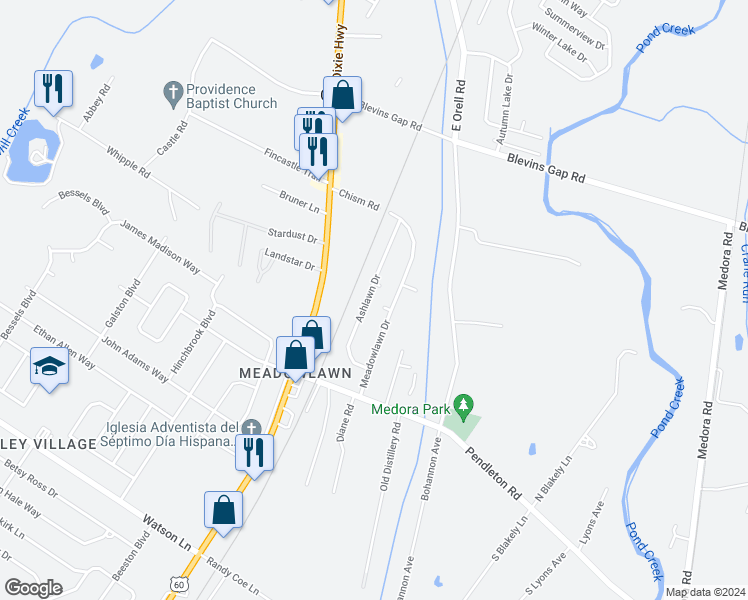 map of restaurants, bars, coffee shops, grocery stores, and more near 13113 Ashlawn Drive in Louisville