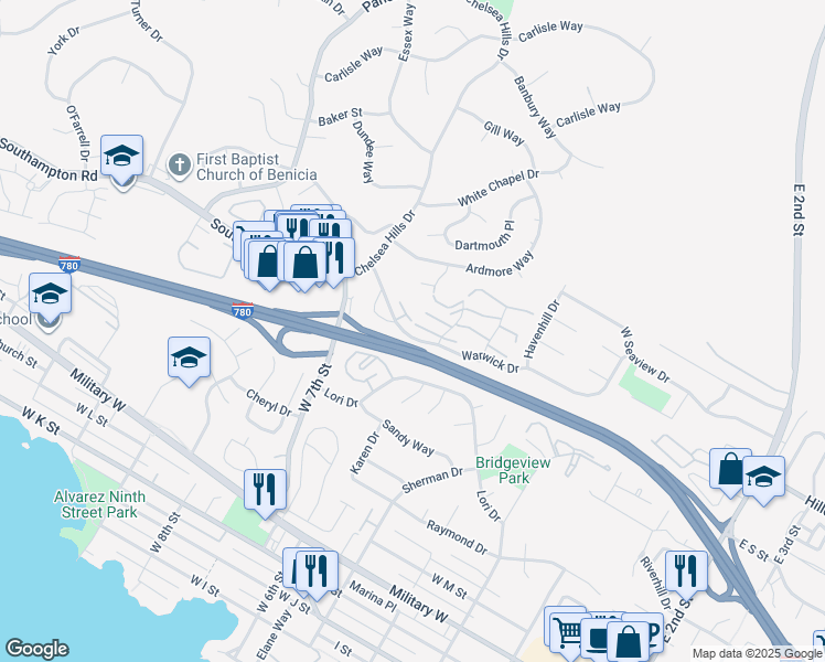map of restaurants, bars, coffee shops, grocery stores, and more near 117 Sunset Circle in Benicia
