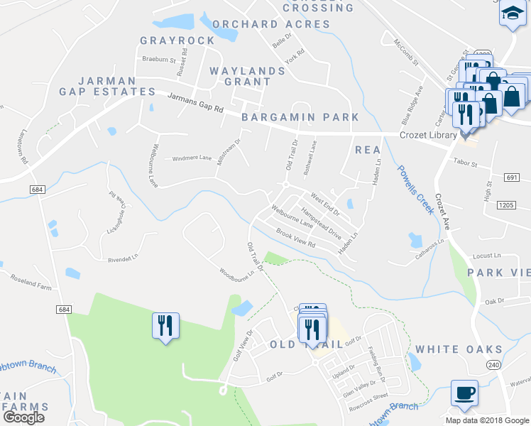 map of restaurants, bars, coffee shops, grocery stores, and more near 1515 Old Trail Drive in Crozet