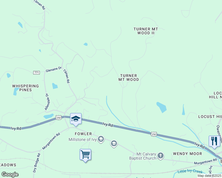 map of restaurants, bars, coffee shops, grocery stores, and more near 1050 Turner Mountain Road in Charlottesville