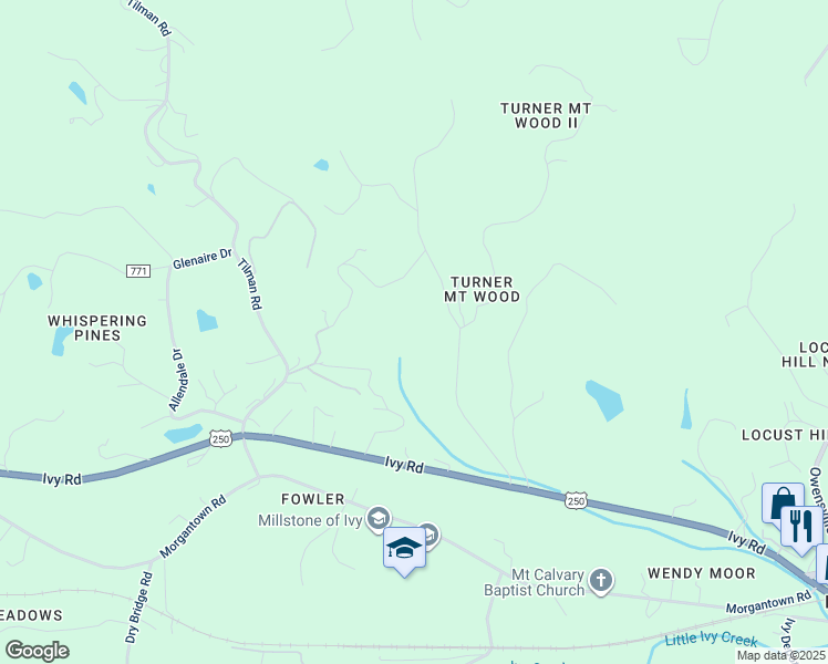 map of restaurants, bars, coffee shops, grocery stores, and more near 1050 Turner Mountain Road in Charlottesville