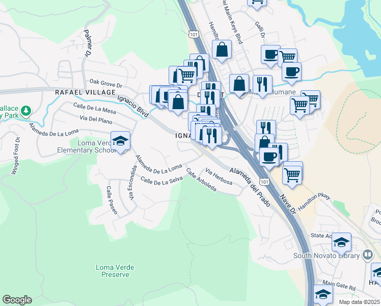 map of restaurants, bars, coffee shops, grocery stores, and more near 401 Ignacio Boulevard in Novato
