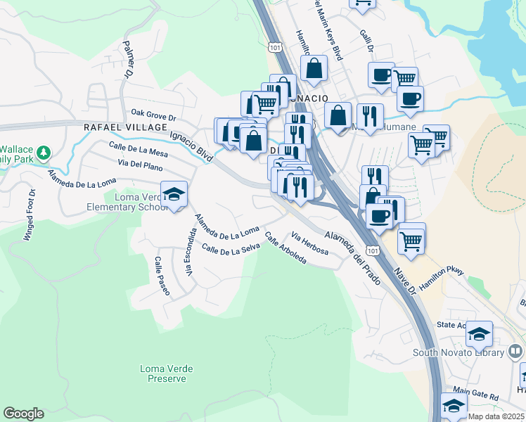 map of restaurants, bars, coffee shops, grocery stores, and more near 401 Ignacio Boulevard in Novato
