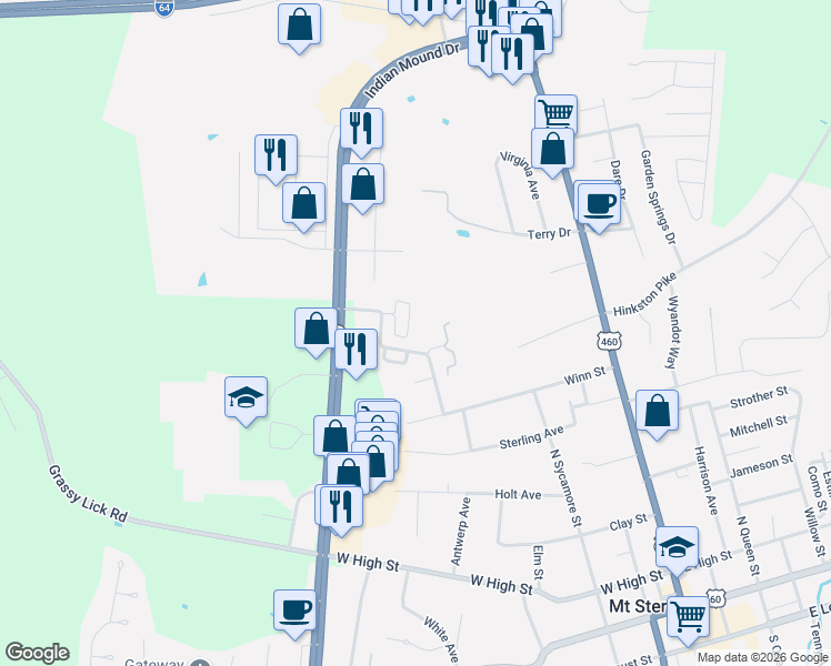 map of restaurants, bars, coffee shops, grocery stores, and more near 723 Lorene Circle in Mount Sterling