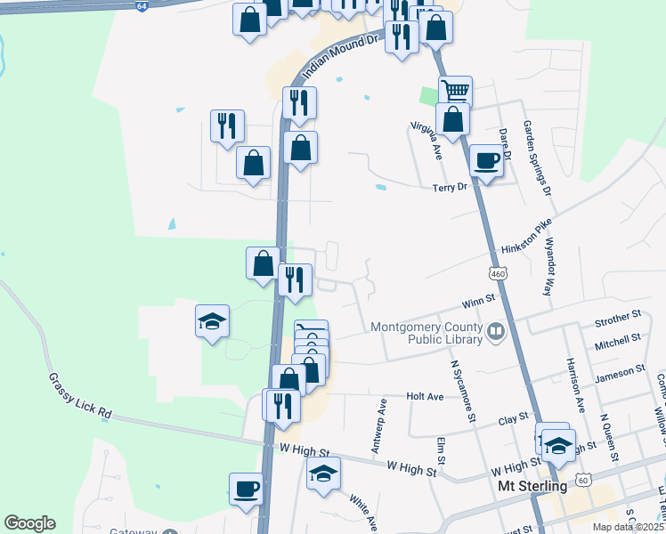 map of restaurants, bars, coffee shops, grocery stores, and more near 739 Lorene Circle in Mount Sterling