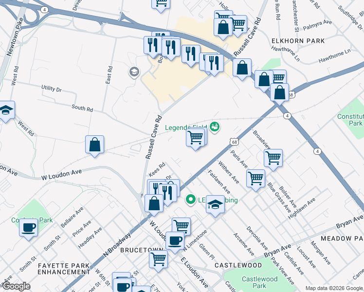 map of restaurants, bars, coffee shops, grocery stores, and more near 1132 Kees Road in Lexington
