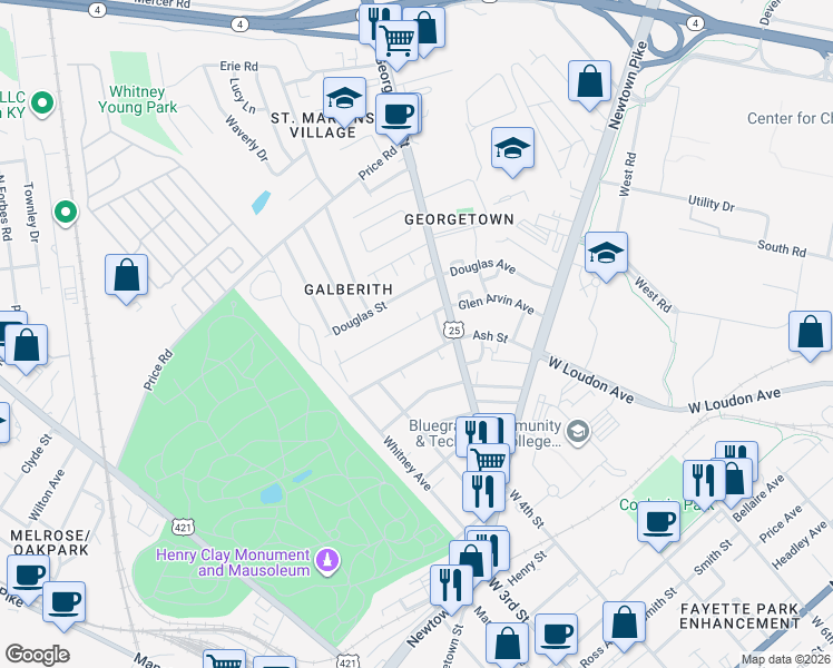 map of restaurants, bars, coffee shops, grocery stores, and more near 449 Glen Arvin Avenue in Lexington