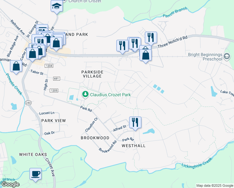 map of restaurants, bars, coffee shops, grocery stores, and more near 779 Arboleda Drive in Crozet