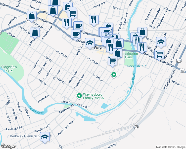 map of restaurants, bars, coffee shops, grocery stores, and more near 499 West 12th Street in Waynesboro