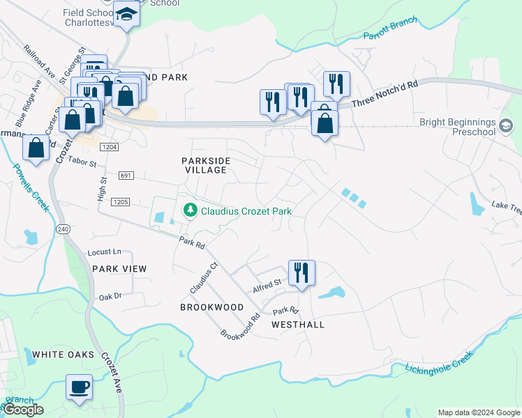 map of restaurants, bars, coffee shops, grocery stores, and more near 779 Arboleda Drive in Crozet