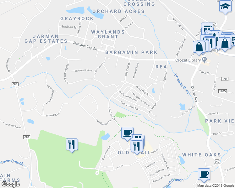 map of restaurants, bars, coffee shops, grocery stores, and more near 1521 Old Trail Drive in Crozet