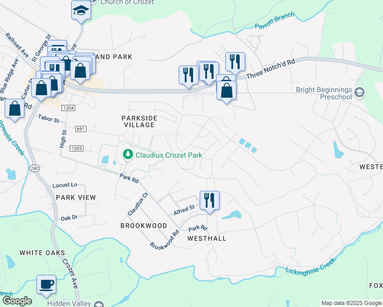 map of restaurants, bars, coffee shops, grocery stores, and more near 754 Arboleda Drive in Crozet