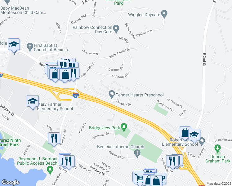 map of restaurants, bars, coffee shops, grocery stores, and more near 2010 Clearview Circle in Benicia