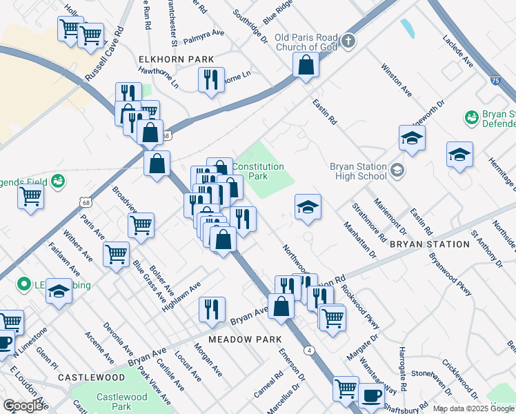map of restaurants, bars, coffee shops, grocery stores, and more near 145 Northwood Drive in Lexington