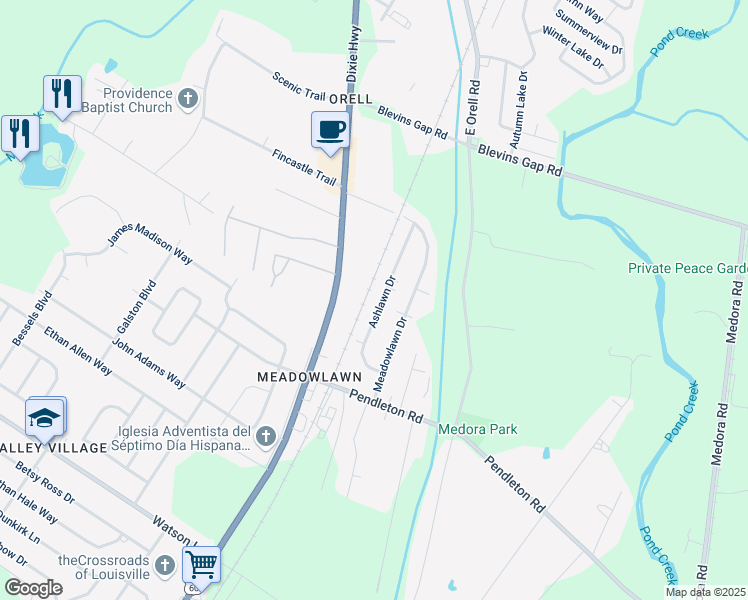 map of restaurants, bars, coffee shops, grocery stores, and more near 13108 Ashlawn Drive in Louisville