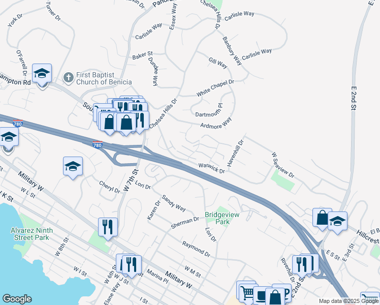 map of restaurants, bars, coffee shops, grocery stores, and more near 117 Sunset Circle in Benicia