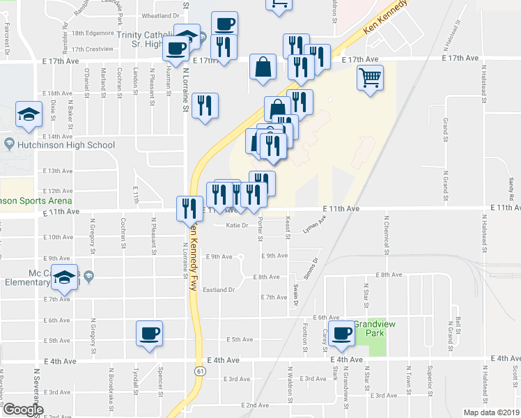 map of restaurants, bars, coffee shops, grocery stores, and more near East 11th Avenue in Hutchinson