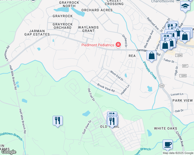 map of restaurants, bars, coffee shops, grocery stores, and more near 1616 Old Trail Drive in Crozet