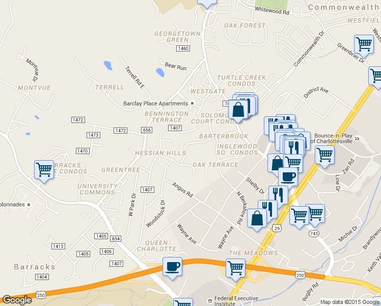 map of restaurants, bars, coffee shops, grocery stores, and more near 1707 Solomon Road in Charlottesville