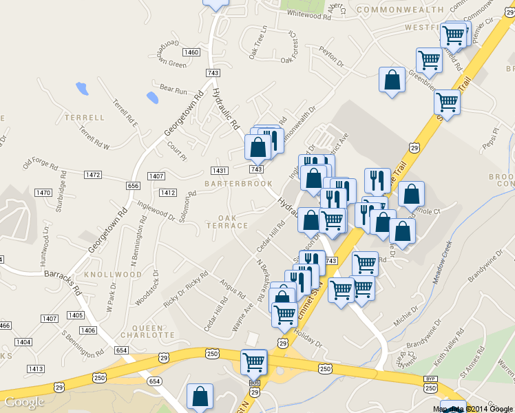 map of restaurants, bars, coffee shops, grocery stores, and more near 1904 Inglewood Drive in Charlottesville