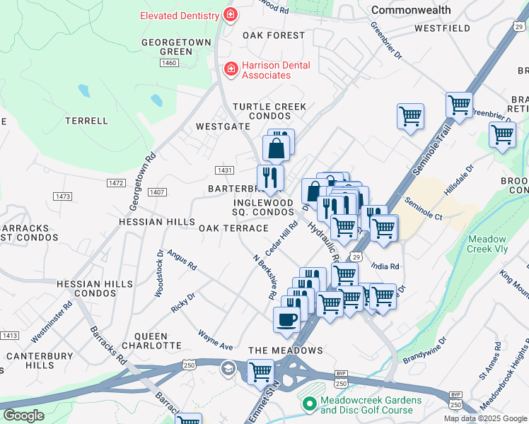 map of restaurants, bars, coffee shops, grocery stores, and more near 1904 Inglewood Drive in Charlottesville