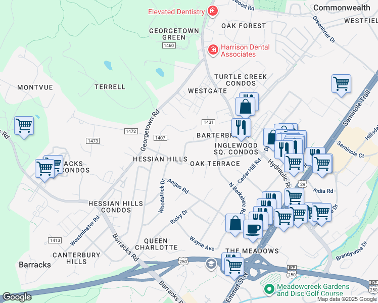 map of restaurants, bars, coffee shops, grocery stores, and more near 1707 Solomon Road in Charlottesville