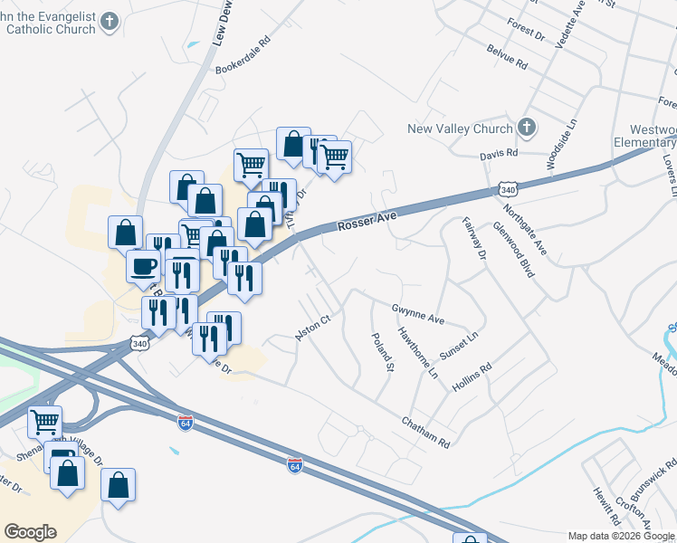 map of restaurants, bars, coffee shops, grocery stores, and more near 117 Country Lodge Road in Waynesboro