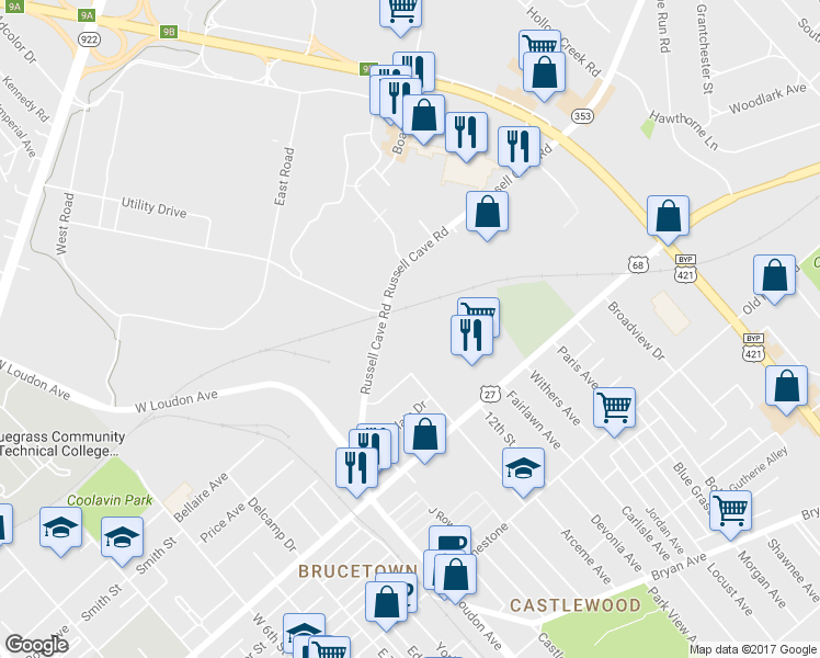 map of restaurants, bars, coffee shops, grocery stores, and more near 1112 Faith St in Lexington