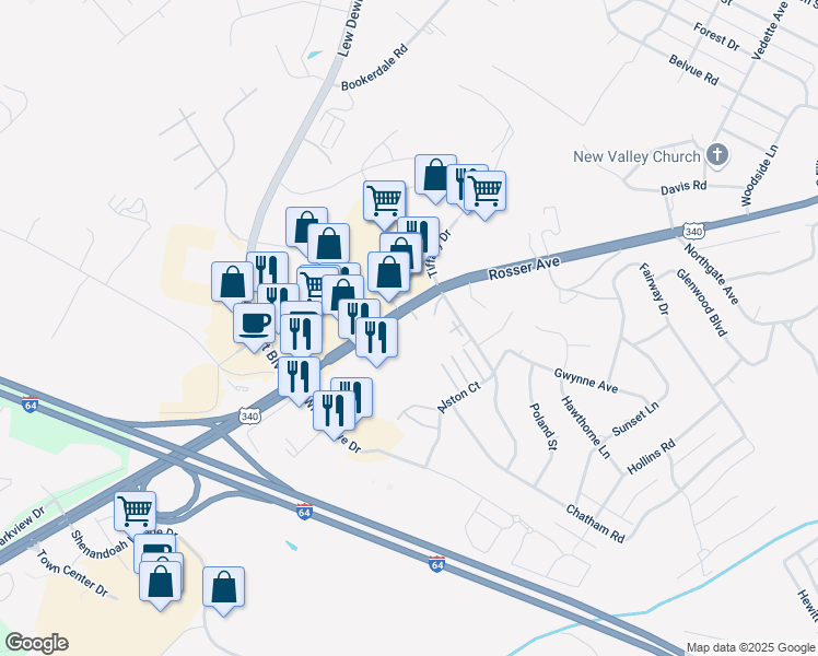 map of restaurants, bars, coffee shops, grocery stores, and more near 1750 Rosser Avenue in Waynesboro