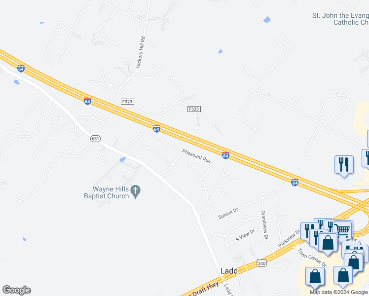 map of restaurants, bars, coffee shops, grocery stores, and more near 97 Pheasant Run in Waynesboro