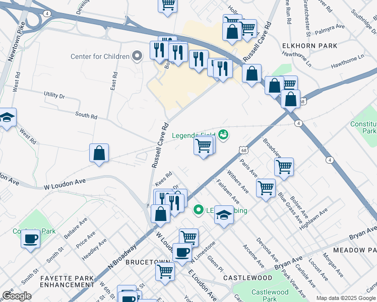 map of restaurants, bars, coffee shops, grocery stores, and more near 1124 Kees Road in Lexington
