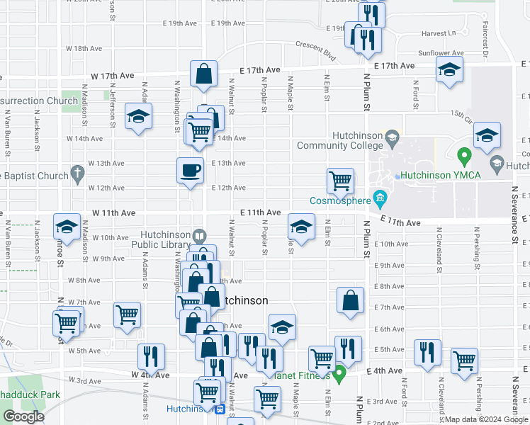 map of restaurants, bars, coffee shops, grocery stores, and more near 201 East 11th Avenue in Hutchinson