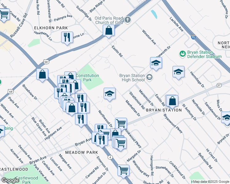 map of restaurants, bars, coffee shops, grocery stores, and more near 313 Manhattan Drive in Lexington
