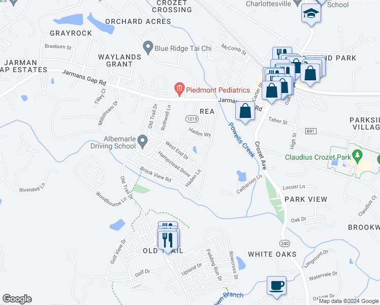 map of restaurants, bars, coffee shops, grocery stores, and more near 9033 West End Circle in Crozet