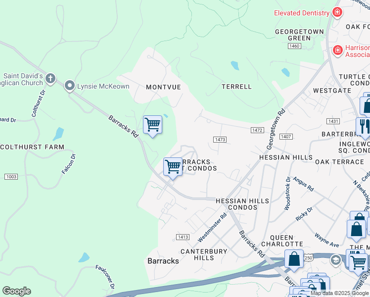 map of restaurants, bars, coffee shops, grocery stores, and more near 275 Saponi Lane in Charlottesville