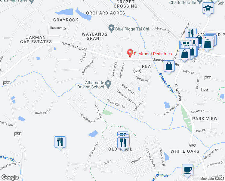 map of restaurants, bars, coffee shops, grocery stores, and more near 215 Grass Dale Lane in Crozet