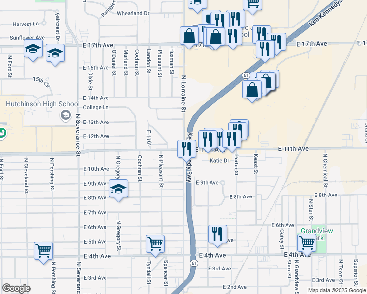 map of restaurants, bars, coffee shops, grocery stores, and more near 1111 North Lorraine Street in Hutchinson