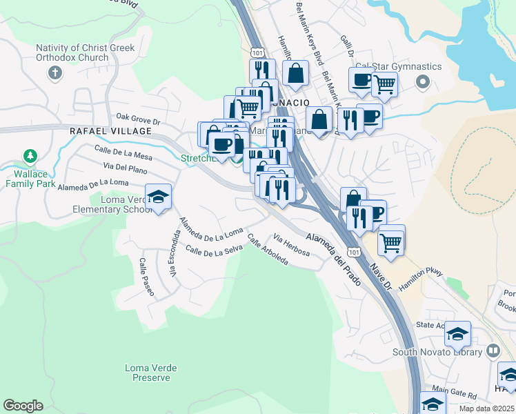 map of restaurants, bars, coffee shops, grocery stores, and more near 401 Ignacio Boulevard in Novato