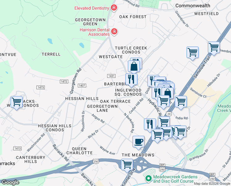 map of restaurants, bars, coffee shops, grocery stores, and more near 2416 North Berkshire Road in Charlottesville