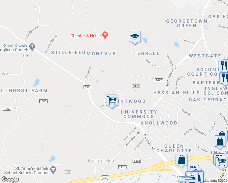 map of restaurants, bars, coffee shops, grocery stores, and more near 2653 Barracks Road in Charlottesville