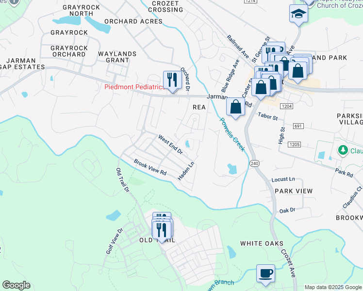 map of restaurants, bars, coffee shops, grocery stores, and more near 9031 West End Circle in Crozet