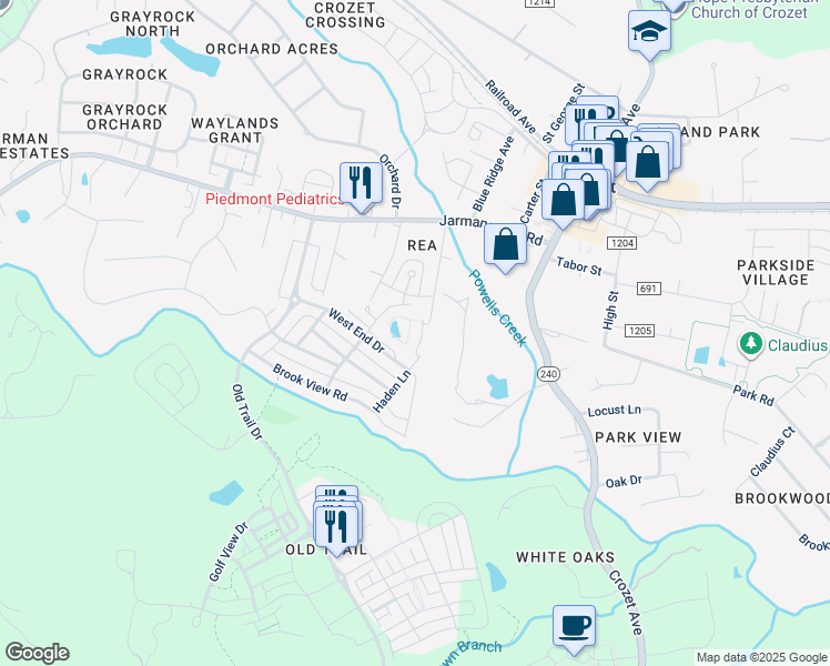 map of restaurants, bars, coffee shops, grocery stores, and more near 1083 Haden Terrace in Crozet