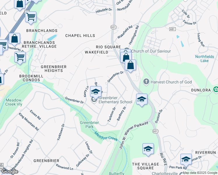 map of restaurants, bars, coffee shops, grocery stores, and more near 2224 Greenbrier Drive in Charlottesville