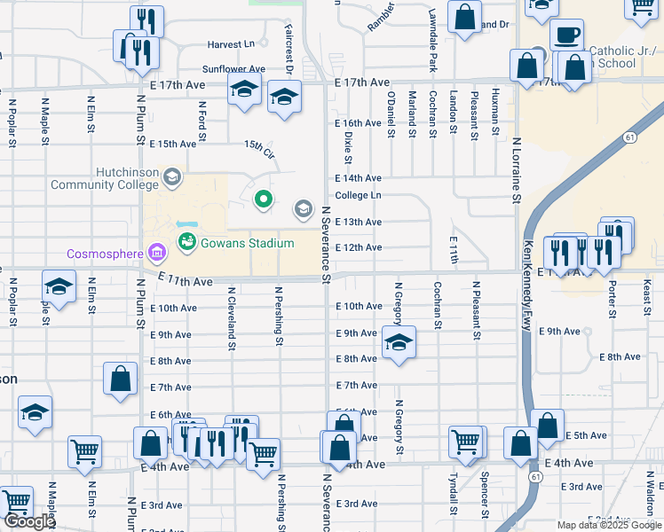 map of restaurants, bars, coffee shops, grocery stores, and more near 900 East 11th Avenue in Hutchinson